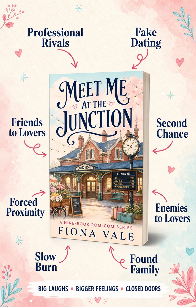 Meet Me at the Junction series graphic showing the tropes: professional rivals, fake dating, friends to lovers, second chance, forced proximity, enemies to lovers, slow burn, found family