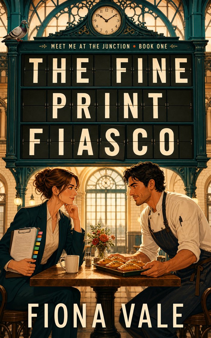 The Fine Print Fiasco book cover: a woman in a suit and a chef with a tray of pastries face off across a café table beneath a train station departures board